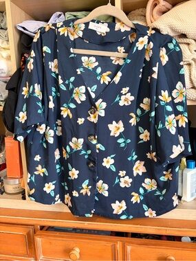 Elodie Navy Floral Button-Front Blouse